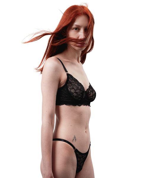Lace Thong with Adjustable Straps – Black