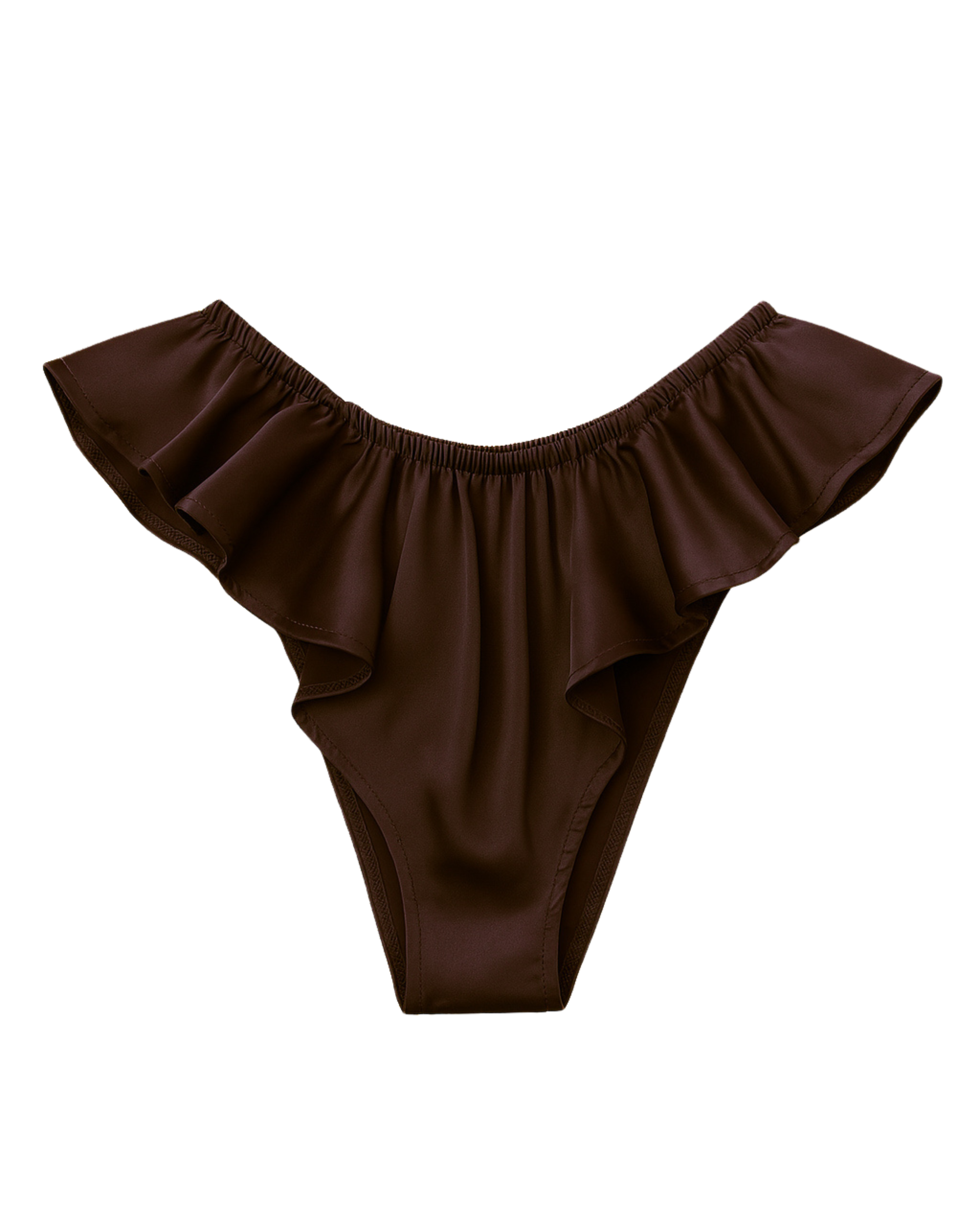 Celeste Satin Cheeky Bikini Panties with Ruffles – Dark Brown