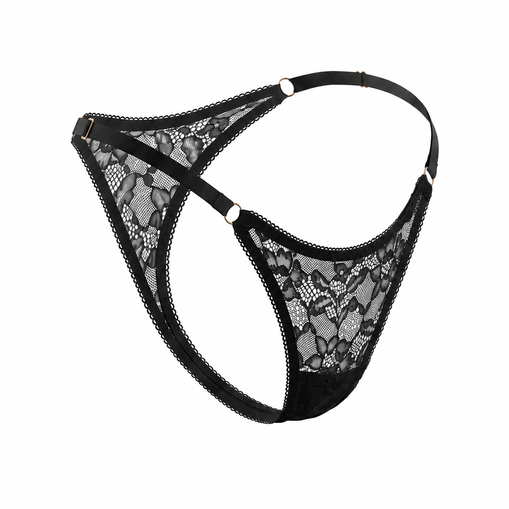 Lace Thong with Adjustable Straps – Black