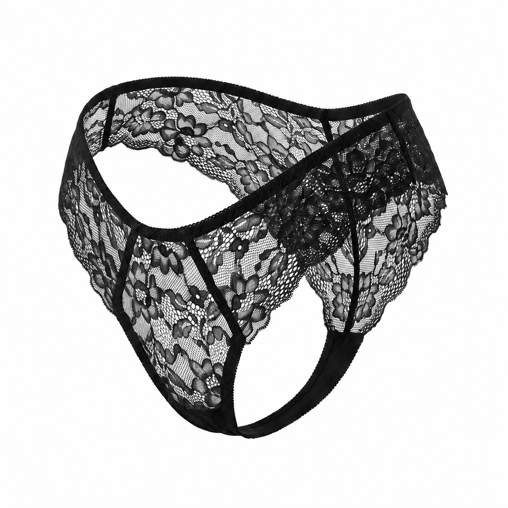 Mid-Rise Lace Brazilian Panties – Black