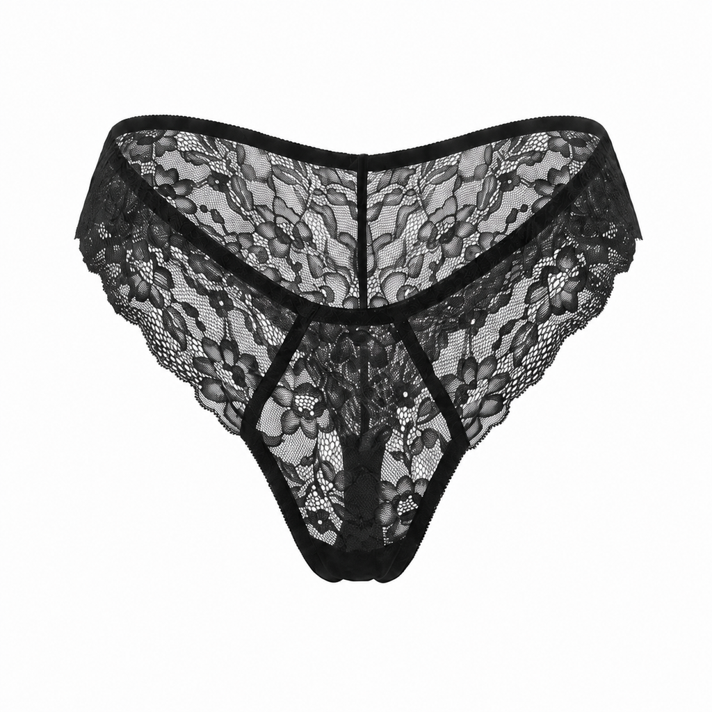 Mid-Rise Lace Brazilian Panties – Black