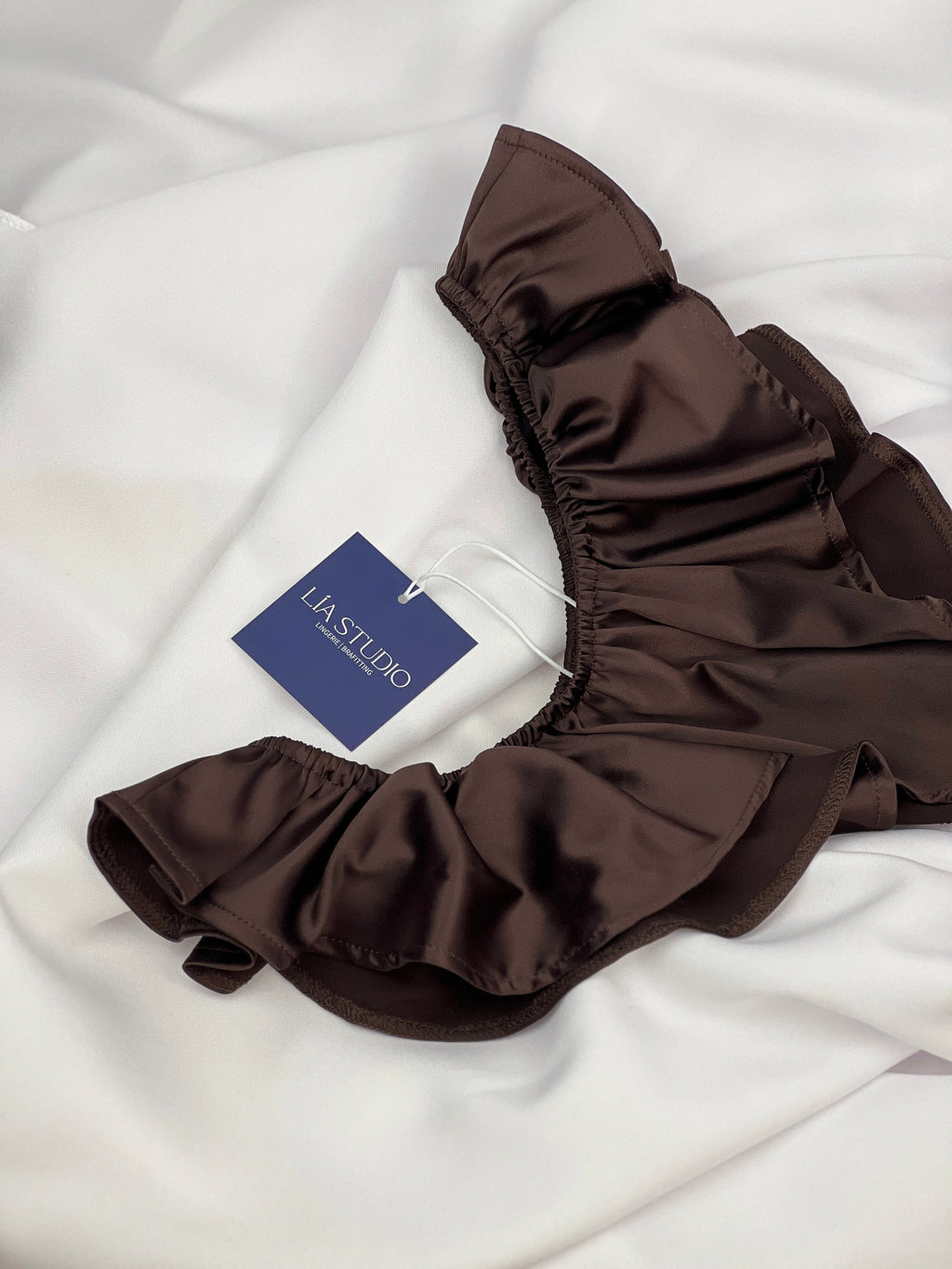 Celeste Satin Cheeky Bikini Panties with Ruffles – Dark Brown