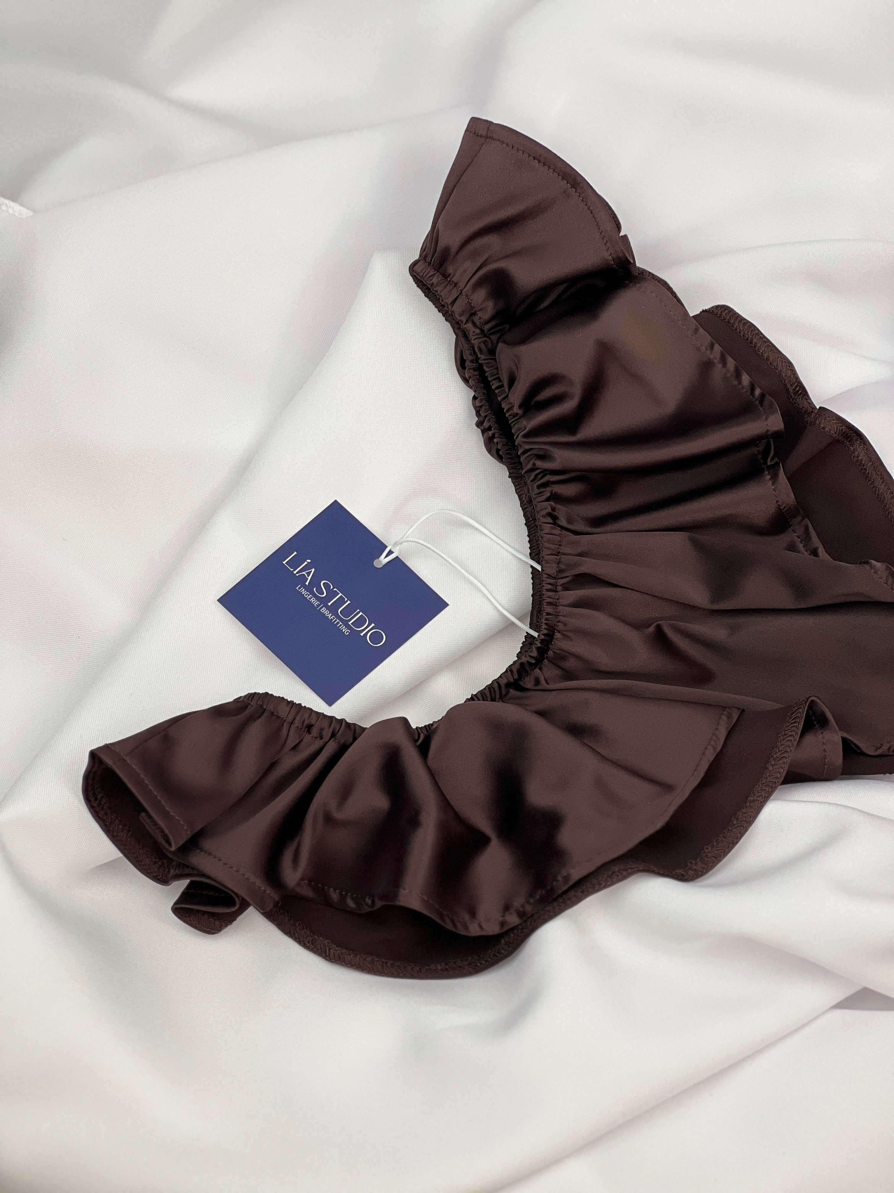 Celeste Satin Cheeky Bikini Panties with Ruffles – Dark Brown