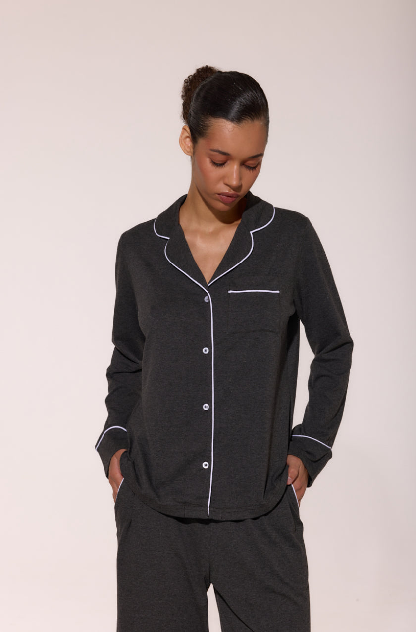 Pajama Suit With Trim Dark Melange