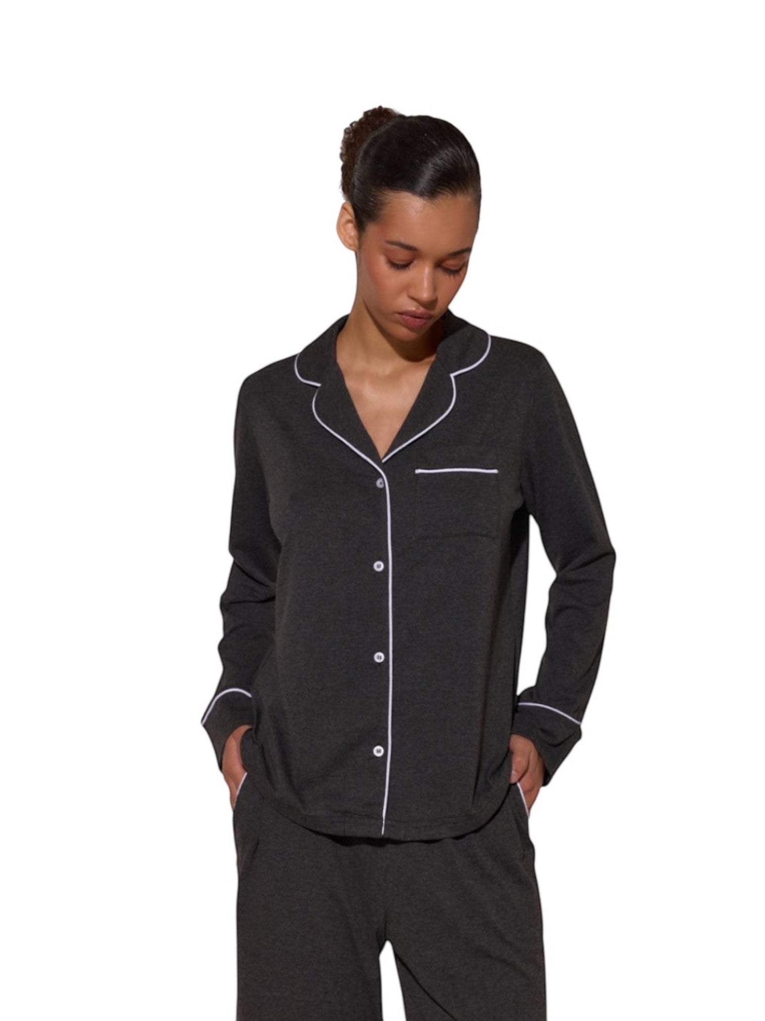 Pajama Suit With Trim Dark Melange