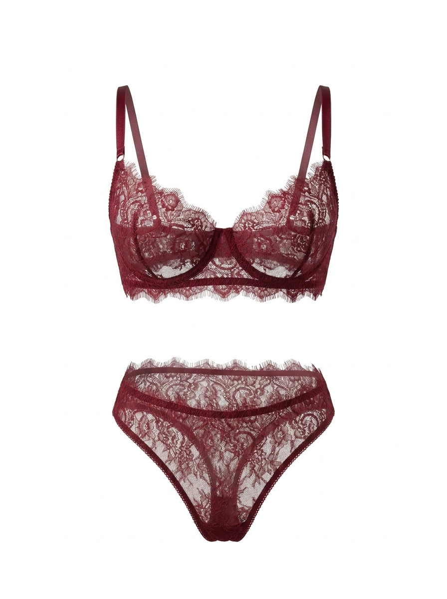 Lace Lingerie Set (Bra & Thong) – Burgundy