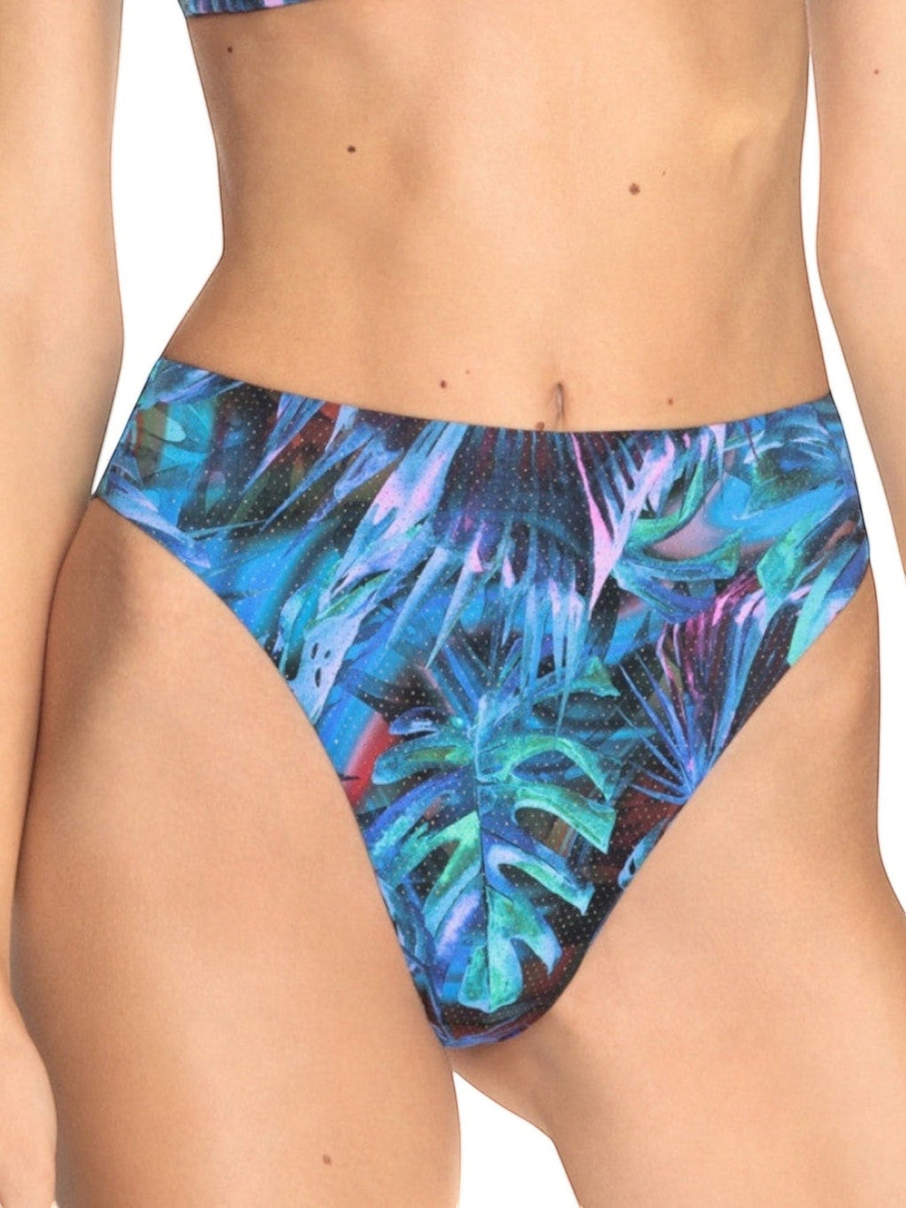 LIA STUDIO LINGERIE: Blue high-waisted swim briefs with a tropical leaf print and sequins
