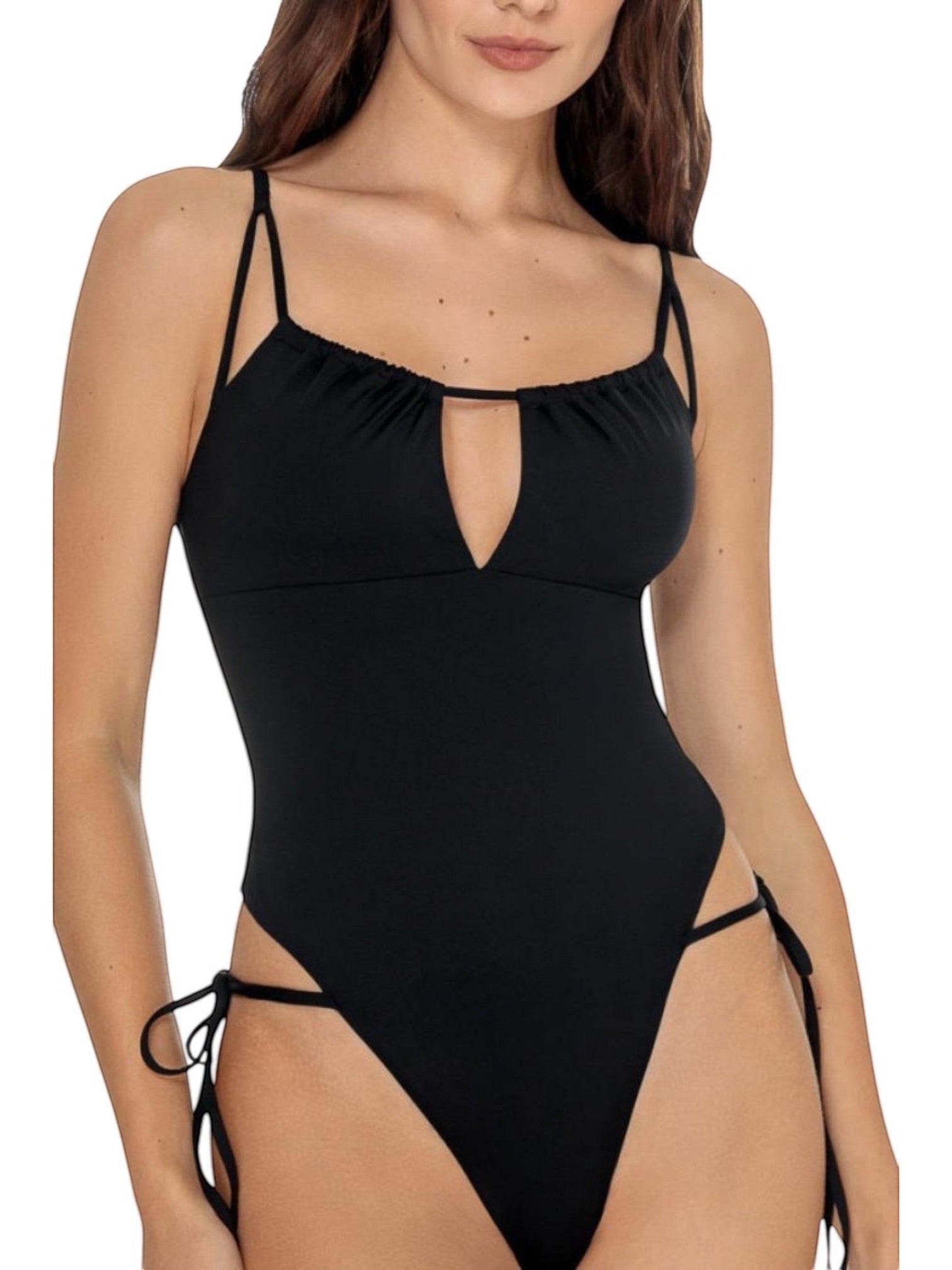 LIA STUDIO LINGERIE Ariadna: a black one-piece swimsuit with a neckline and side ties. Polyamide, elastane.