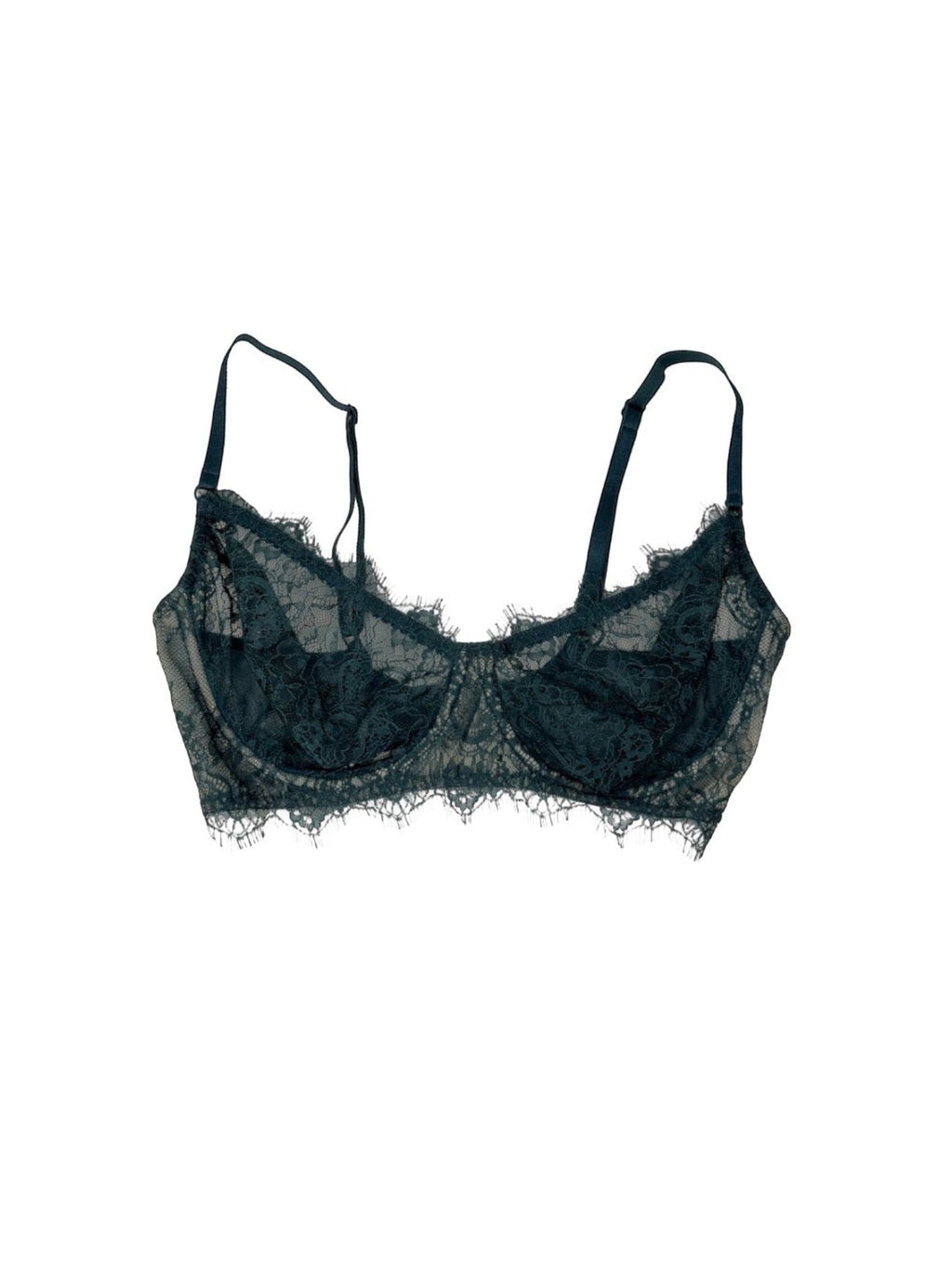 LIA STUDIO LINGERIE Atlantic Deep: a lace underwire bra and thong. Deep dark green color, lace design.