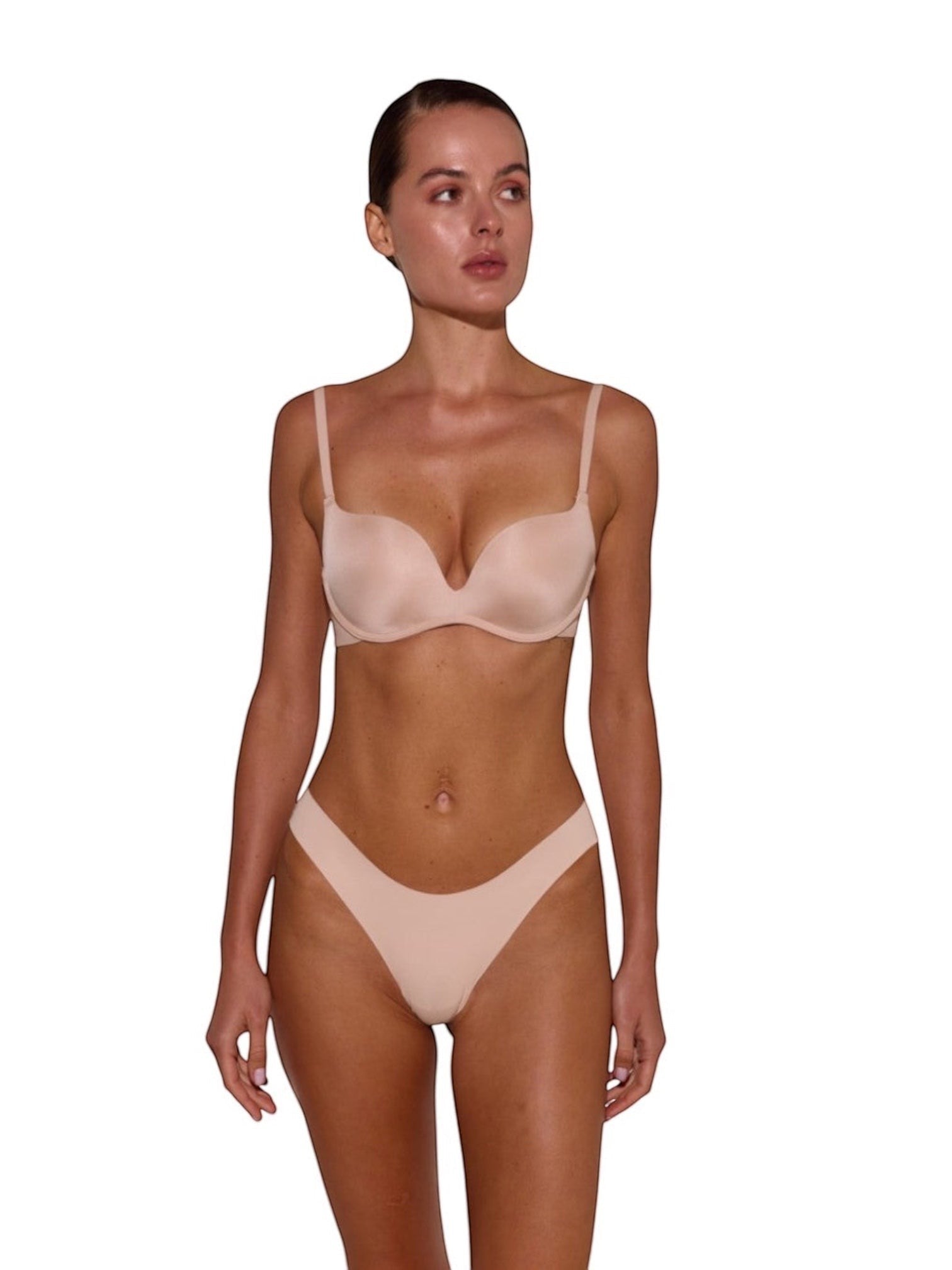 LIA STUDIO LINGERIE Azalea beige wireless push-up bra in smooth matte microfiber on a model