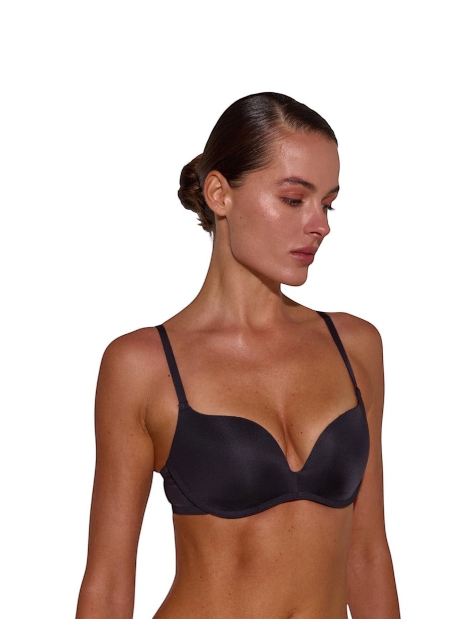 LIA STUDIO LINGERIE Azalea black wireless double push-up bra with matte microfiber finish on a model.