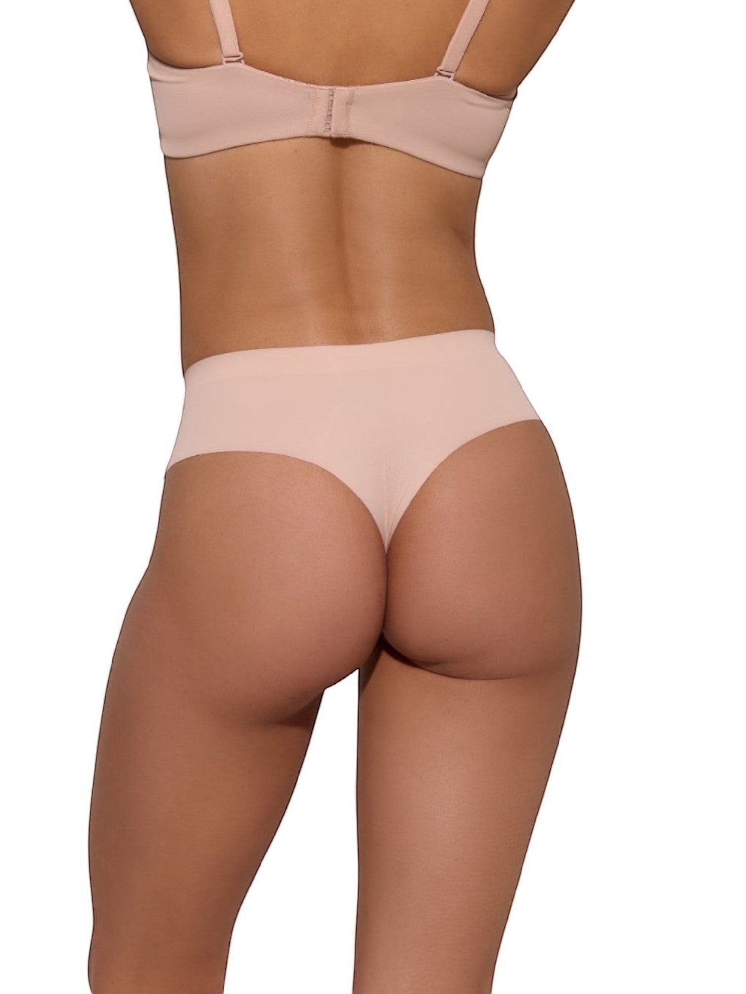 LIA STUDIO LINGERIE beige seamless thong underwear worn by a model, back view of smooth fabric lingerie.