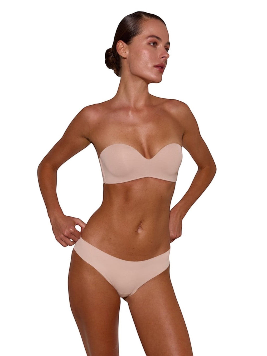 LIA STUDIO LINGERIE Magnolia beige strapless balconette bra in microfiber with double push-up and silicone grip.