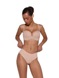 LIA STUDIO LINGERIE beige wire-free push-up balconette bra with silicone trim worn by a model