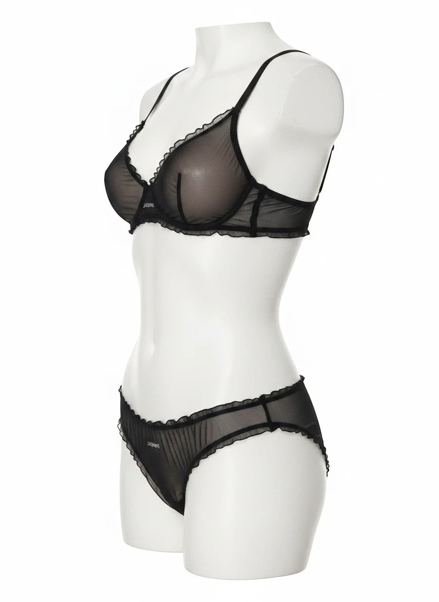 LIA STUDIO LINGERIE Bella black semi-transparent micro-mesh bikini panties with ruffles and branded embroidery.