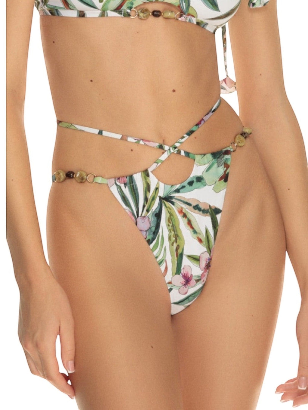 LIA STUDIO LINGERIE bikini with a leaf and flower print in white and green, featuring beaded embellishments on the sides and ties.