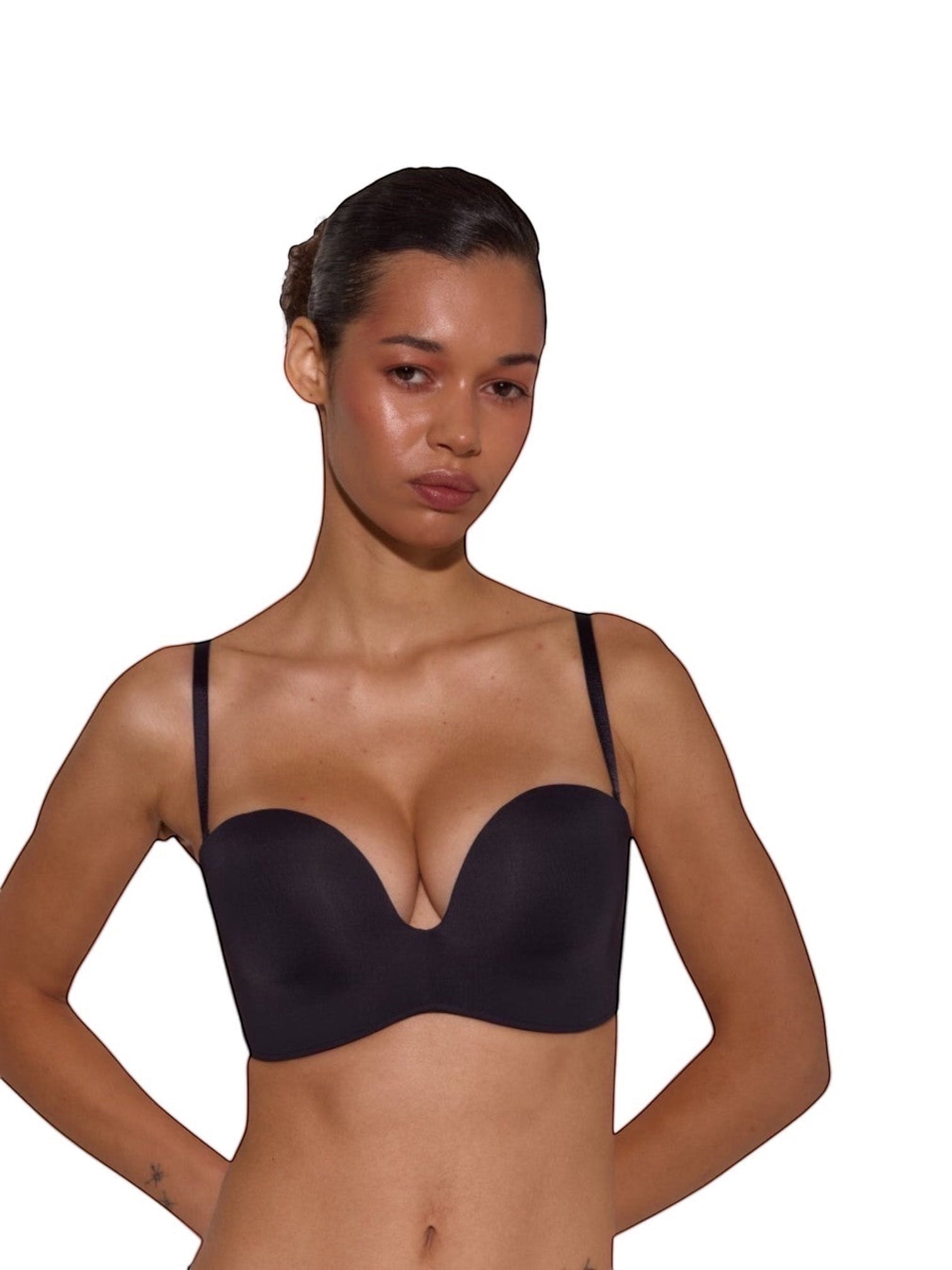 LIA STUDIO LINGERIE Push-Up Wire-free Balconette Bra Caramela - Black. Smooth polyamide and spandex blend. Deep neckline, molded cups.