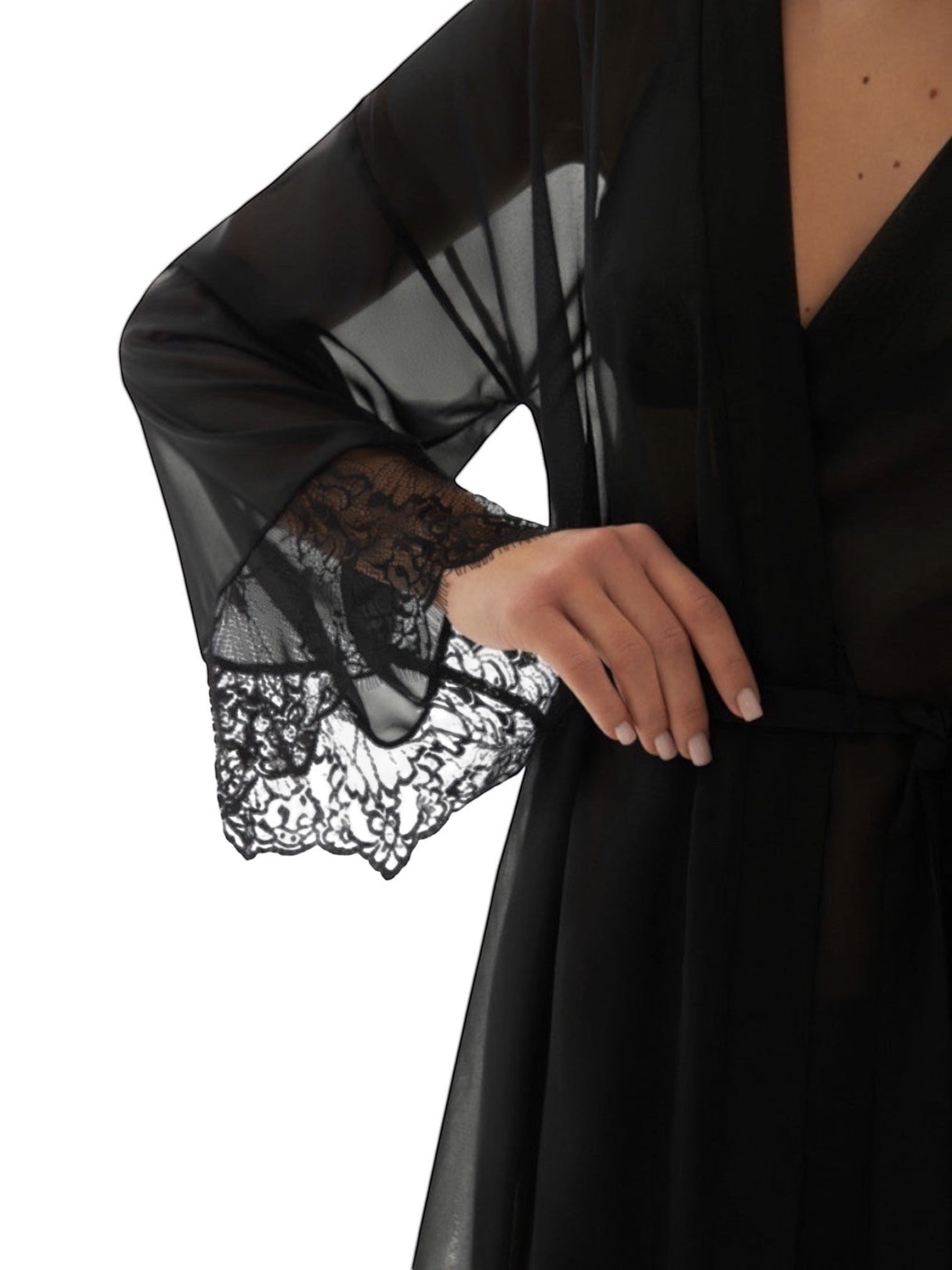 LIA STUDIO LINGERIE black chiffon boudoir robe with delicate lace sleeve cuffs and tie waist detail.