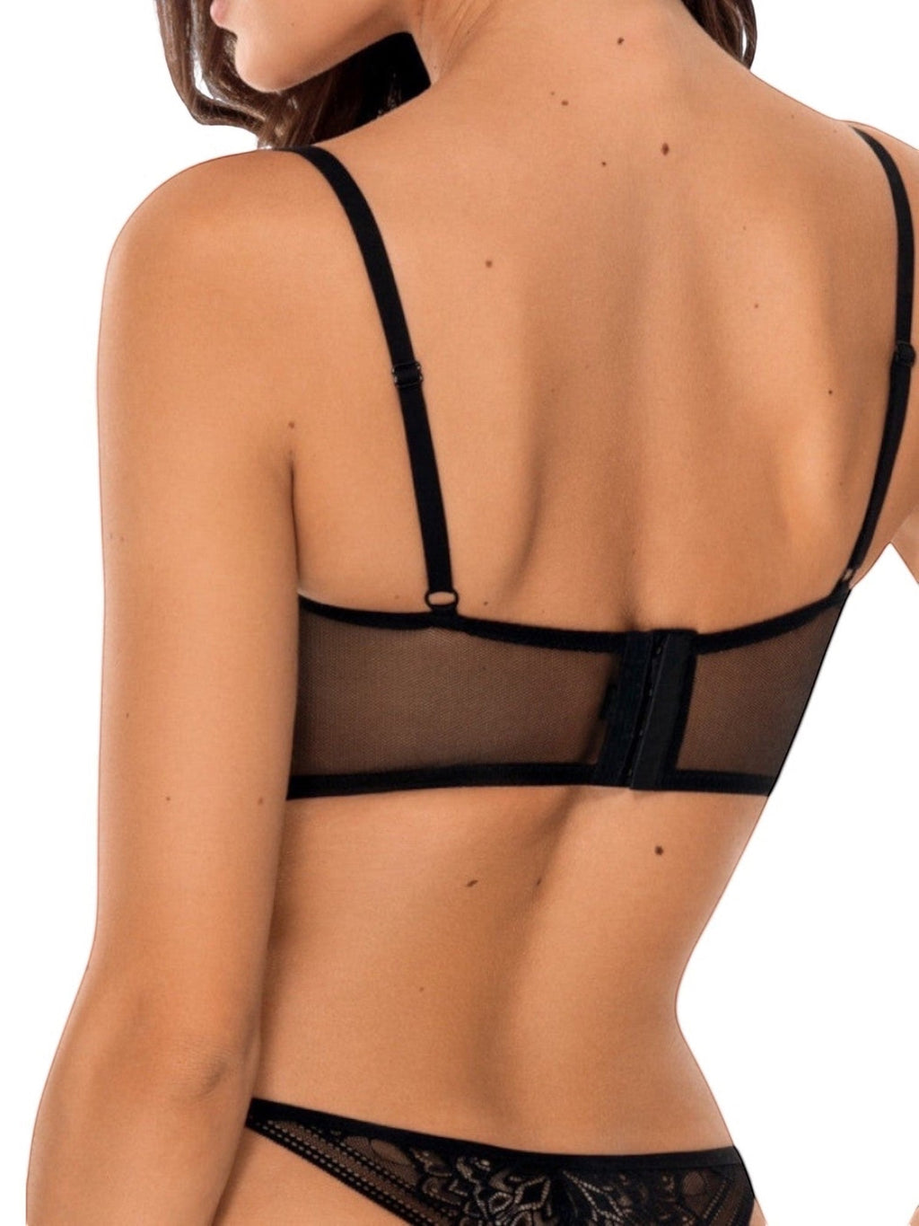 LIA STUDIO LINGERIE Jean Bustier Bra & Sindy Thong Set — Black. Black lace and mesh bustier bra with adjustable straps and underwire.