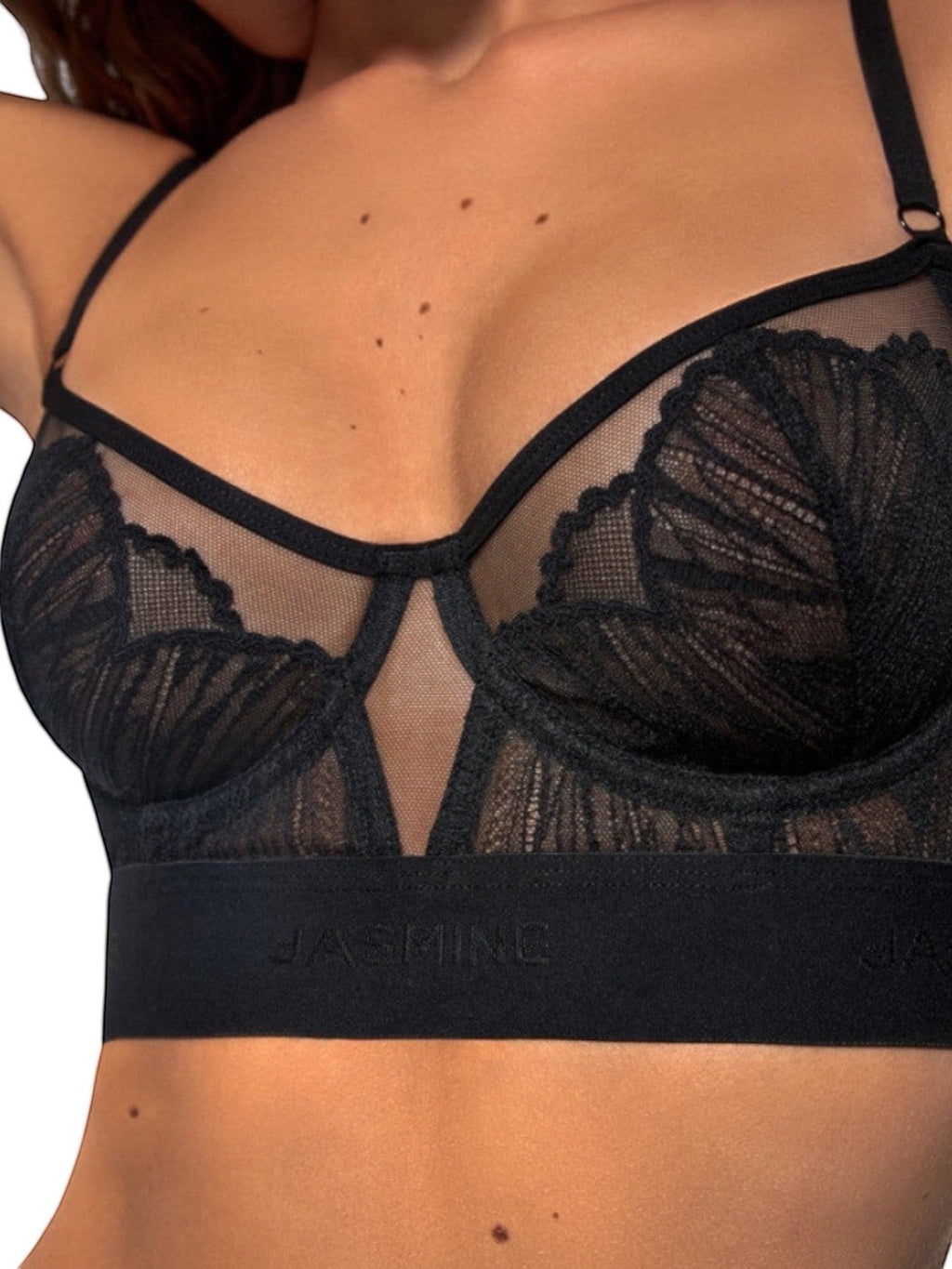 LEYA Bustier Bra & Selena Thong Set — Black. LIA STUDIO LINGERIE black lace and mesh bustier bra with soft cups, underwire, and adjustable straps.