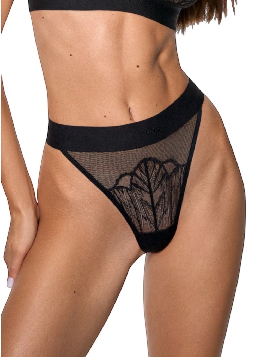 LEYA Bustier Bra & Selena Thong Set — Black. Black polyamide and elastane thong with Italian lace and mesh details. LIA STUDIO LINGERIE.