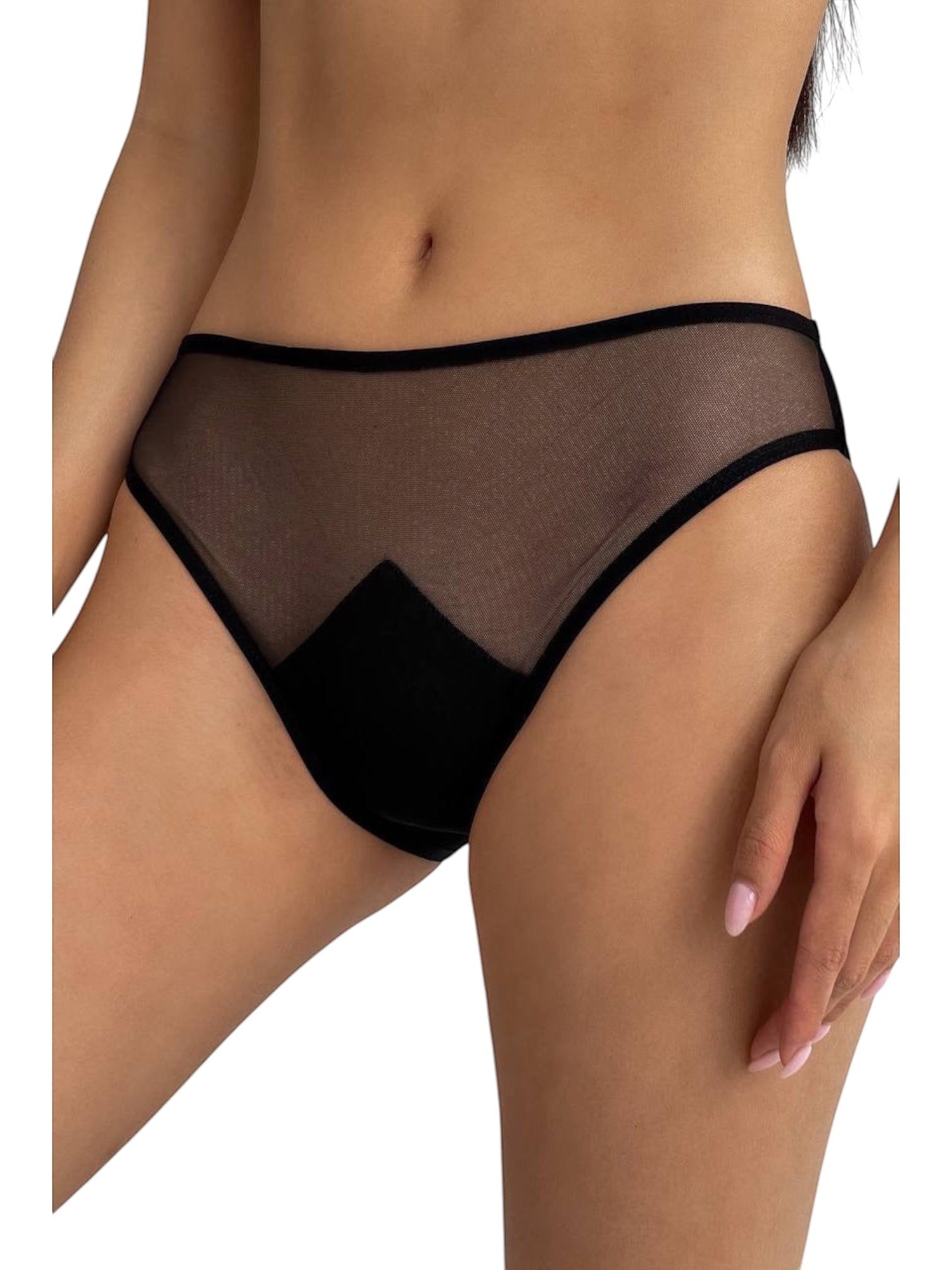 LIA STUDIO LINGERIE black sheer mesh bikini panties with a minimalist design and soft elastic edges.