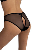 LIA STUDIO LINGERIE black sheer mesh bikini panties with a cutout back design on a model