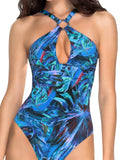 LIA STUDIO LINGERIE blue one-piece swimsuit with a tropical print, a neckline, and a neck ring. Polyamide, elastane.