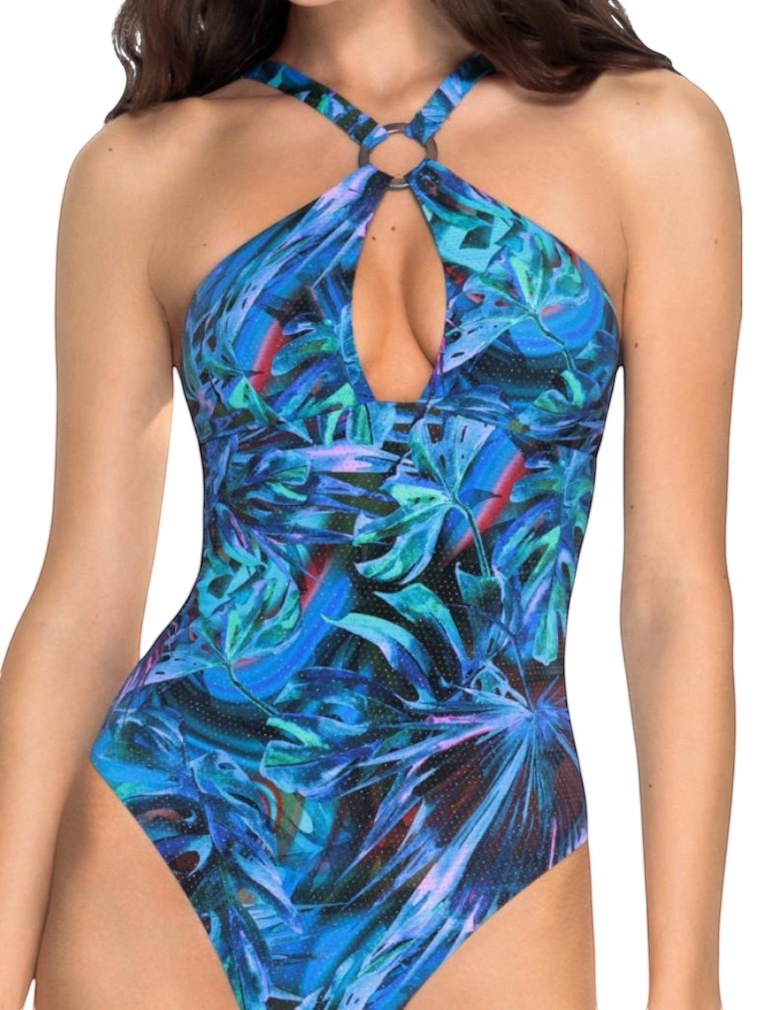 LIA STUDIO LINGERIE blue one-piece swimsuit with a tropical print, a neckline, and a neck ring. Polyamide, elastane.
