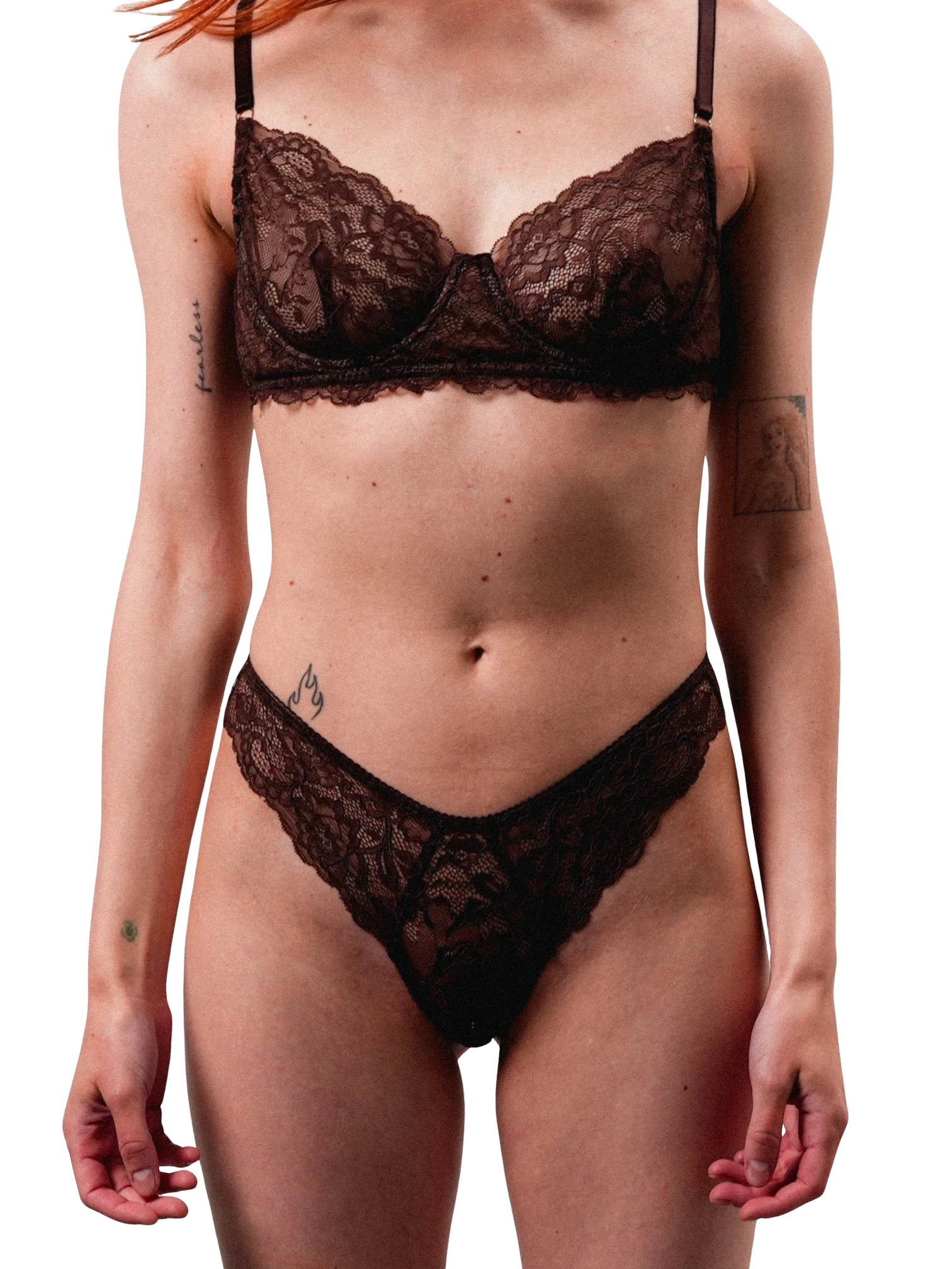 LIA STUDIO LINGERIE Mid-Rise Lace Brazilian Panties – Dark Brown. Delicate floral lace, cheeky coverage, comfortable elastic edges.