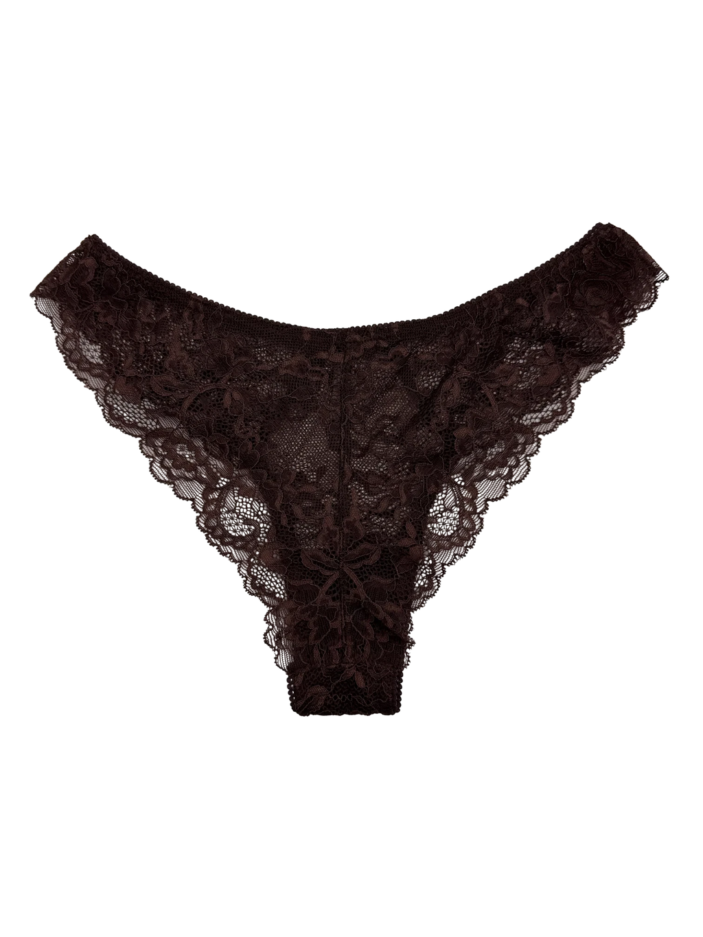 LIA STUDIO LINGERIE Mid-Rise Lace Brazilian Panties – Dark Brown. Delicate floral lace, cheeky coverage, comfortable fit.