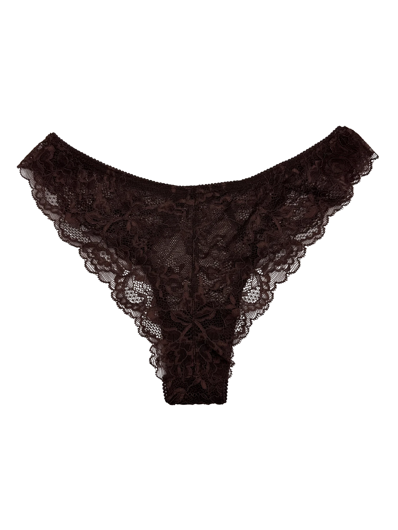 LIA STUDIO LINGERIE Mid-Rise Lace Brazilian Panties – Dark Brown. Delicate floral lace, cheeky coverage, comfortable fit.