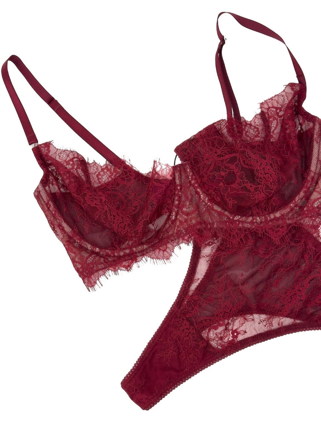 LIA STUDIO LINGERIE burgundy lace bra and thong set with underwire support and scalloped edges. Made in Ukraine.