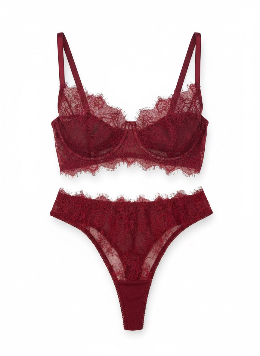LIA STUDIO LINGERIE burgundy lace lingerie set: underwire push-up bra and thong. Delicate lace trim.