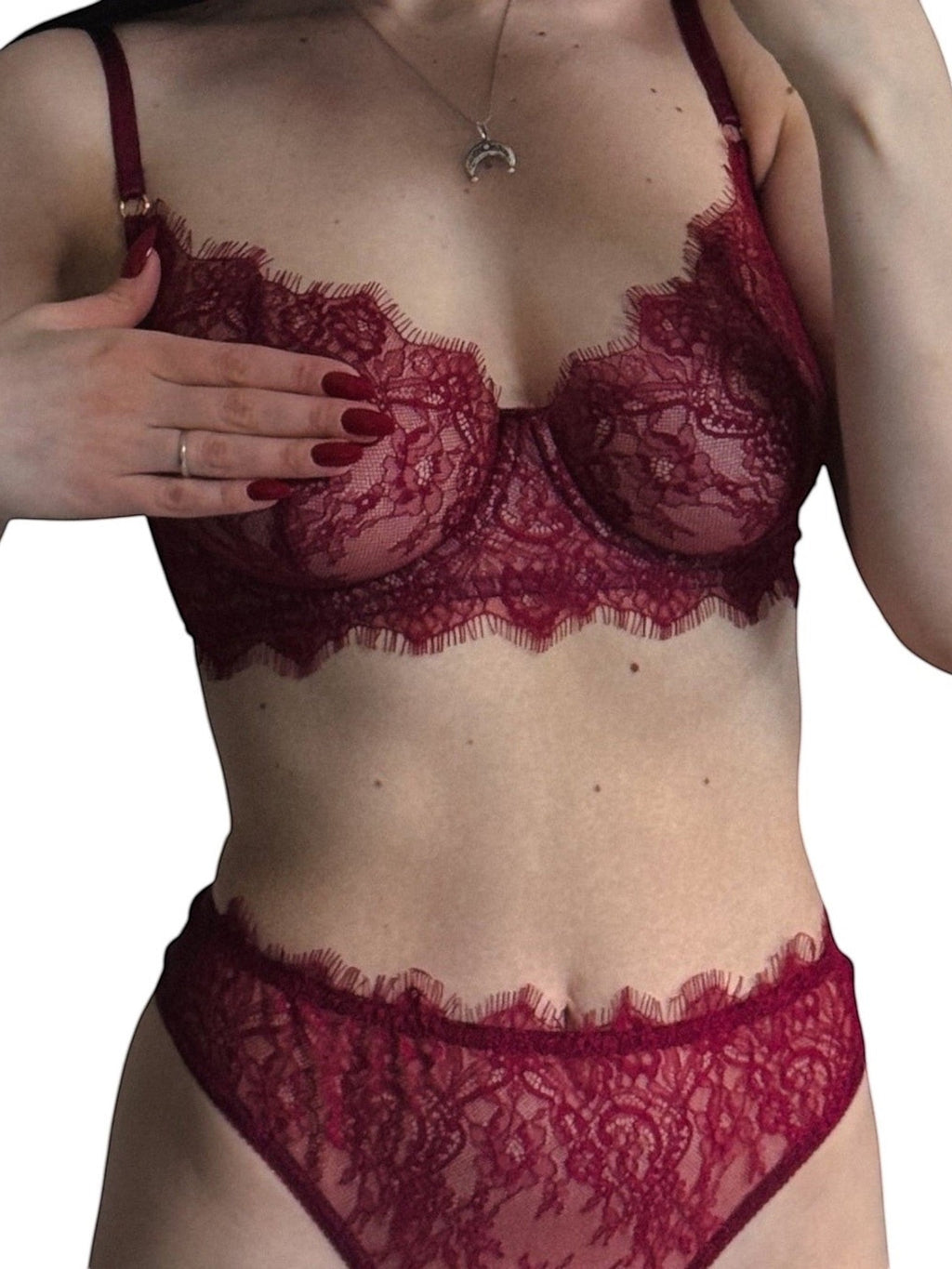 LIA STUDIO LINGERIE burgundy lace bra and thong set with scalloped edges and underwire support.