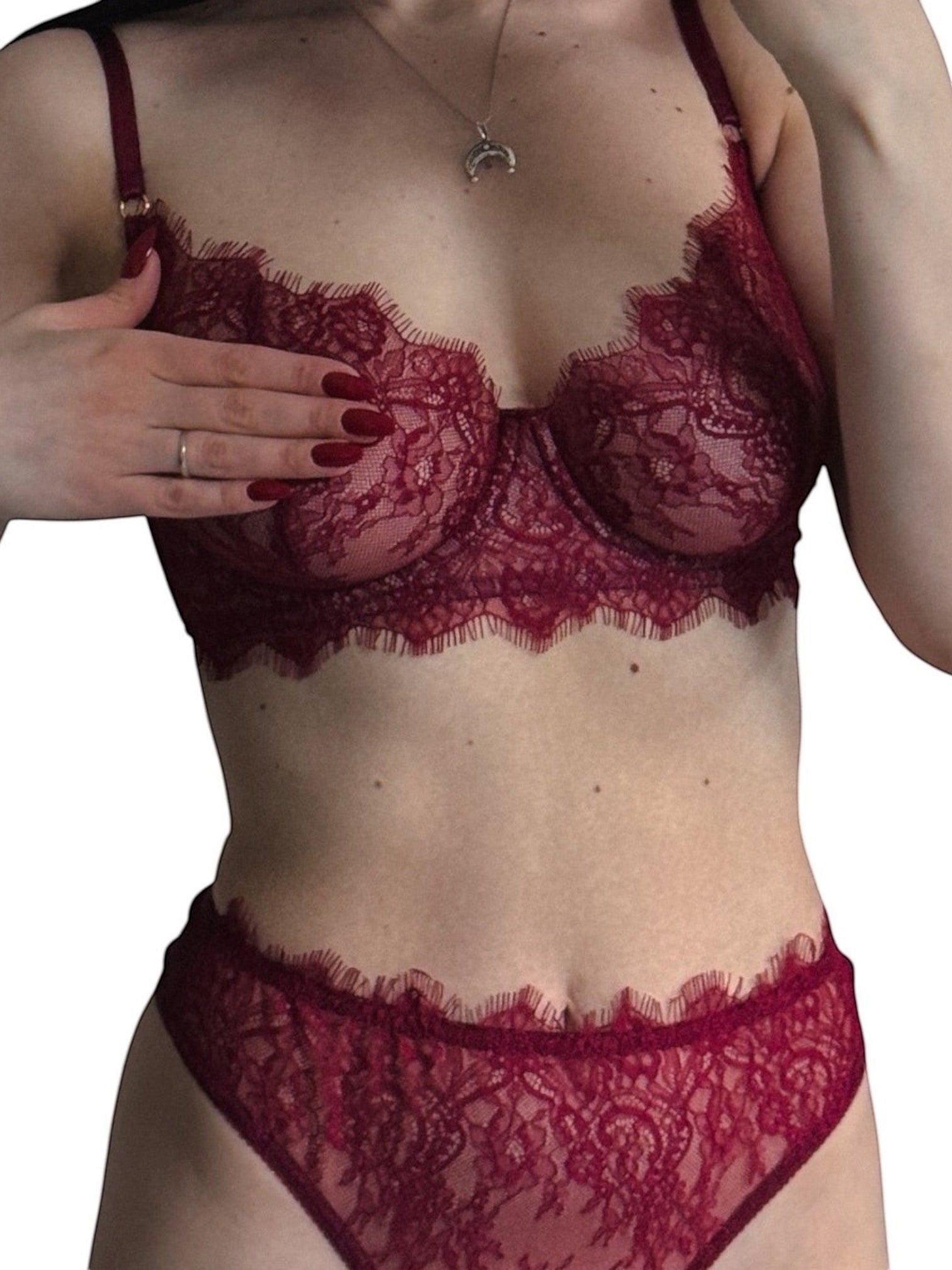 LIA STUDIO LINGERIE burgundy lace bra and thong set with scalloped edges and underwire support.