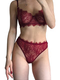 LIA STUDIO LINGERIE burgundy lace bra and thong set with scalloped edges and underwire support.