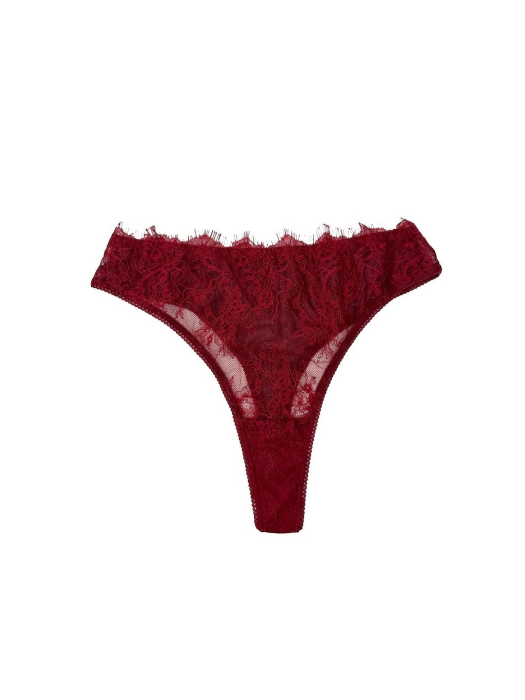 LIA STUDIO LINGERIE burgundy lace thong with scalloped edges and cotton gusset.