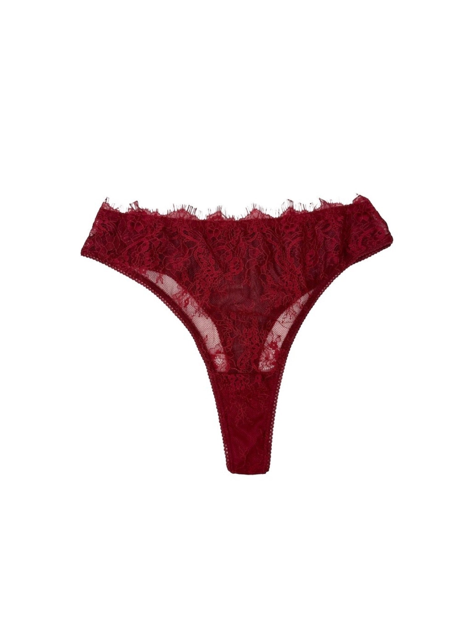 LIA STUDIO LINGERIE burgundy lace thong with scalloped edges and cotton gusset.