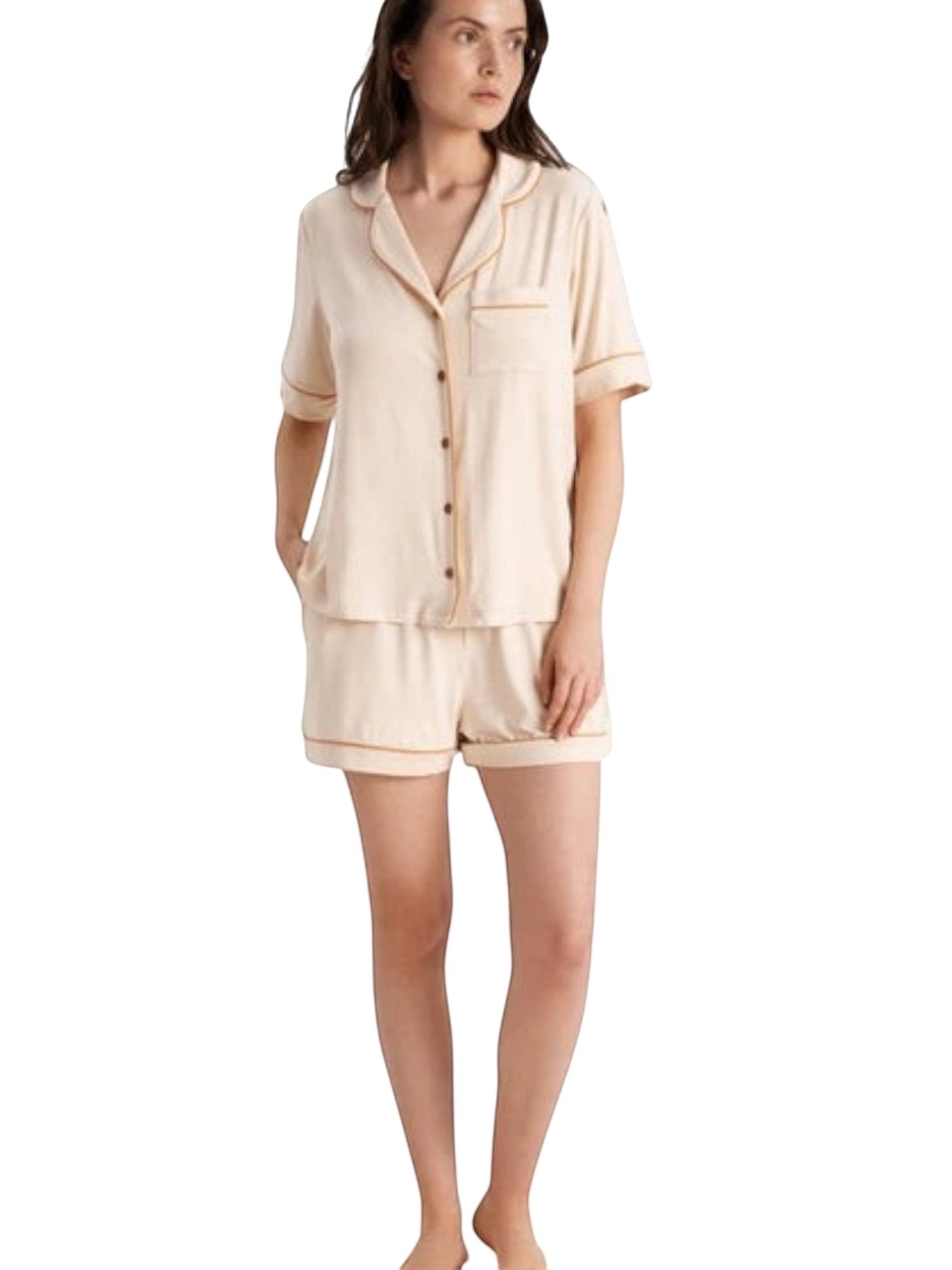 LIA STUDIO LINGERIE caramel viscose pyjama set with button-down shirt and shorts featuring contrast piping trim.