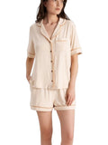 LIA STUDIO LINGERIE caramel viscose pyjama set with button-down shirt and shorts featuring contrast piping