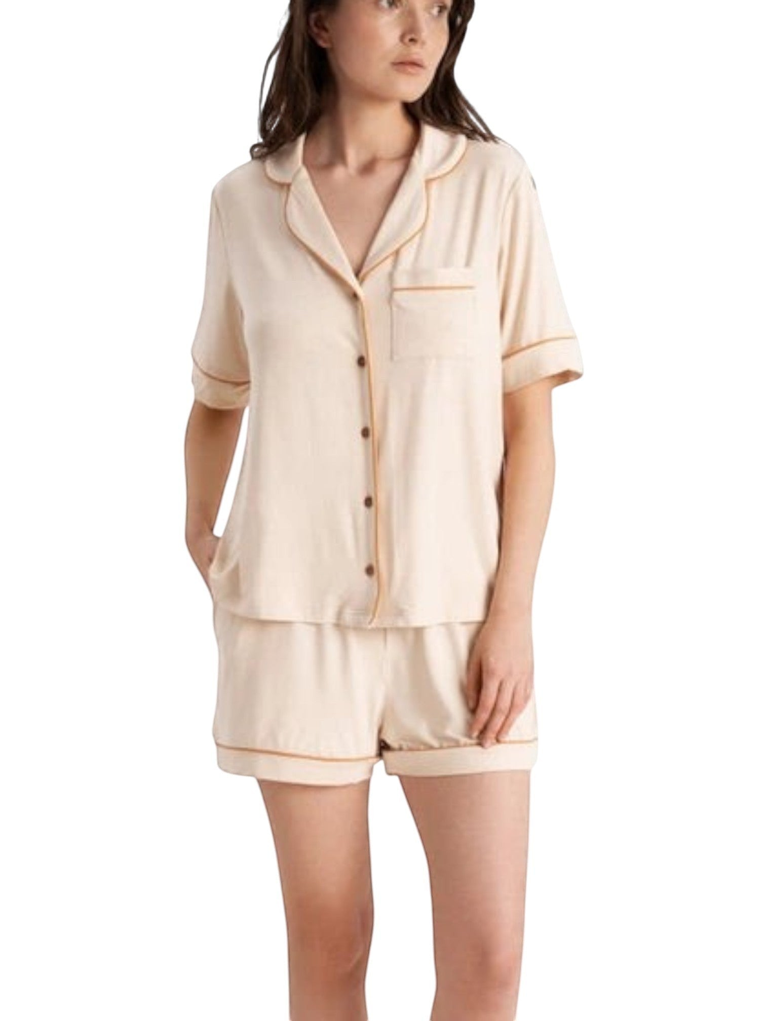 LIA STUDIO LINGERIE caramel viscose pyjama set with button-down shirt and shorts featuring contrast piping