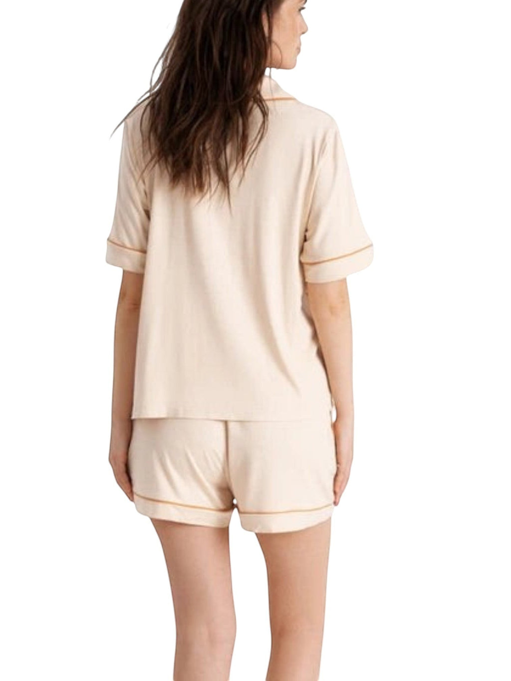 LIA STUDIO LINGERIE caramel viscose pyjama set with short sleeves and piping details, back view on a model.