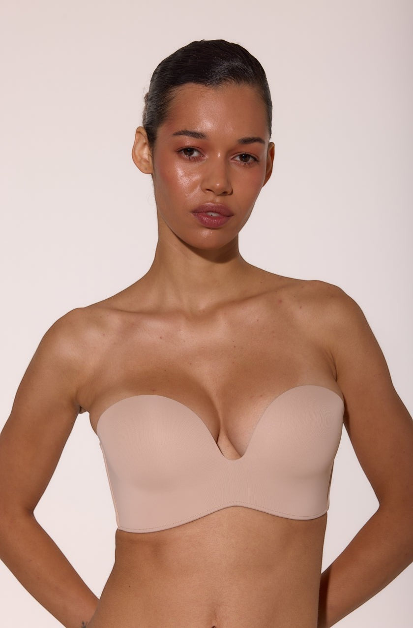 LIA STUDIO LINGERIE Caramela beige wire-free balconette push-up bra with deep neckline and silicone trim on a model