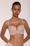 LIA STUDIO LINGERIE Caramela beige wire-free balconette push-up bra with deep neckline and silicone trim on model