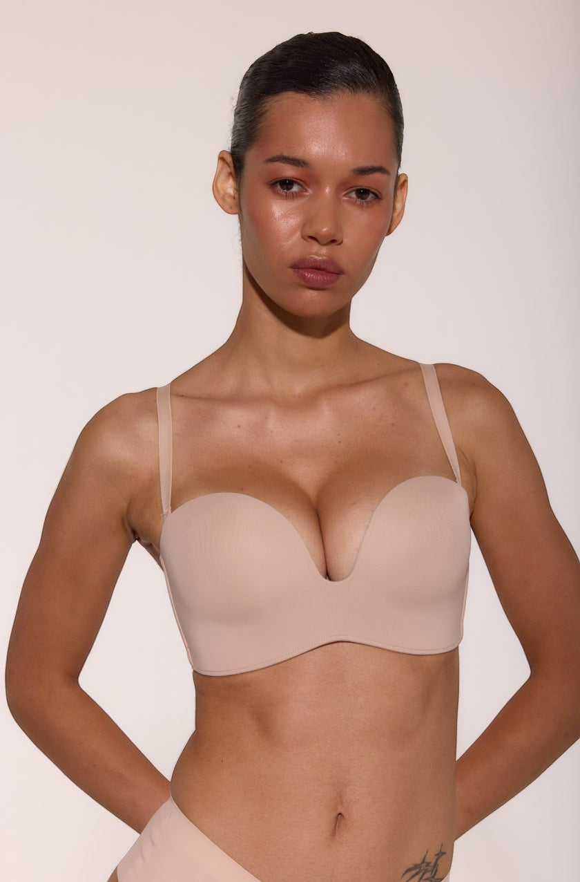 LIA STUDIO LINGERIE Caramela beige wire-free balconette push-up bra with deep neckline and silicone trim on model