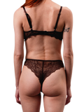 LIA STUDIO LINGERIE Mid-Rise Lace Brazilian Panties – Dark Brown. Delicate floral lace Brazilian cut panties with cheeky coverage.