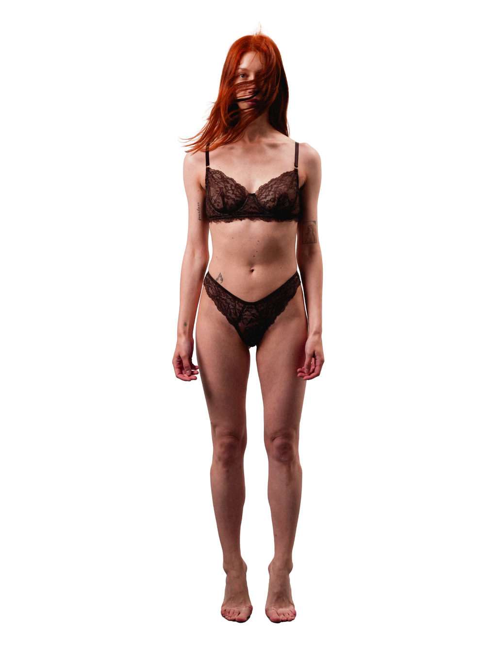 LIA STUDIO LINGERIE Mid-Rise Lace Brazilian Panties – Dark Brown. Delicate floral lace, cheeky coverage, comfortable fit.