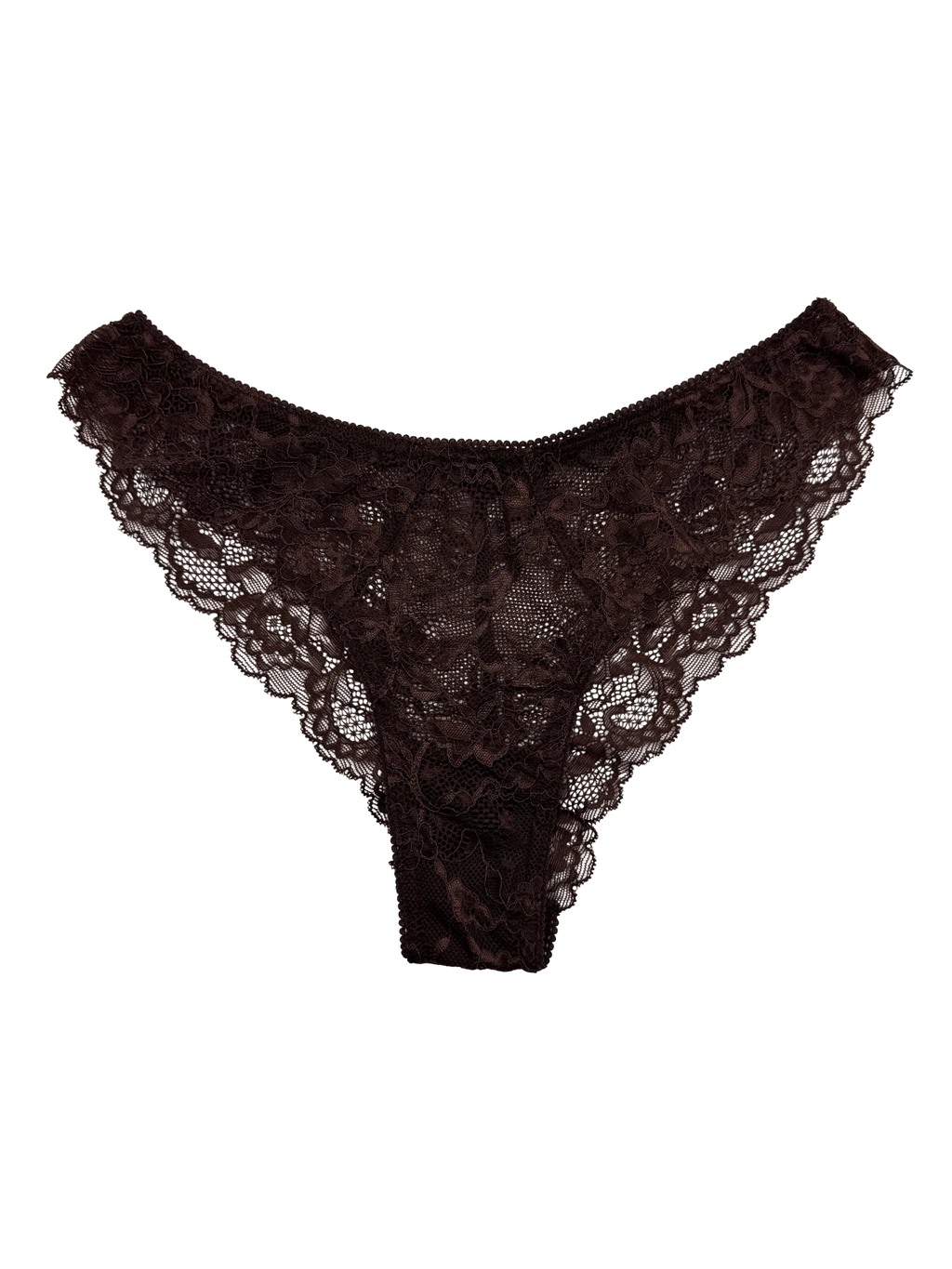 LIA STUDIO LINGERIE Mid-Rise Lace Brazilian Panties – Dark Brown. Delicate floral lace, cheeky coverage, soft elastic edges.