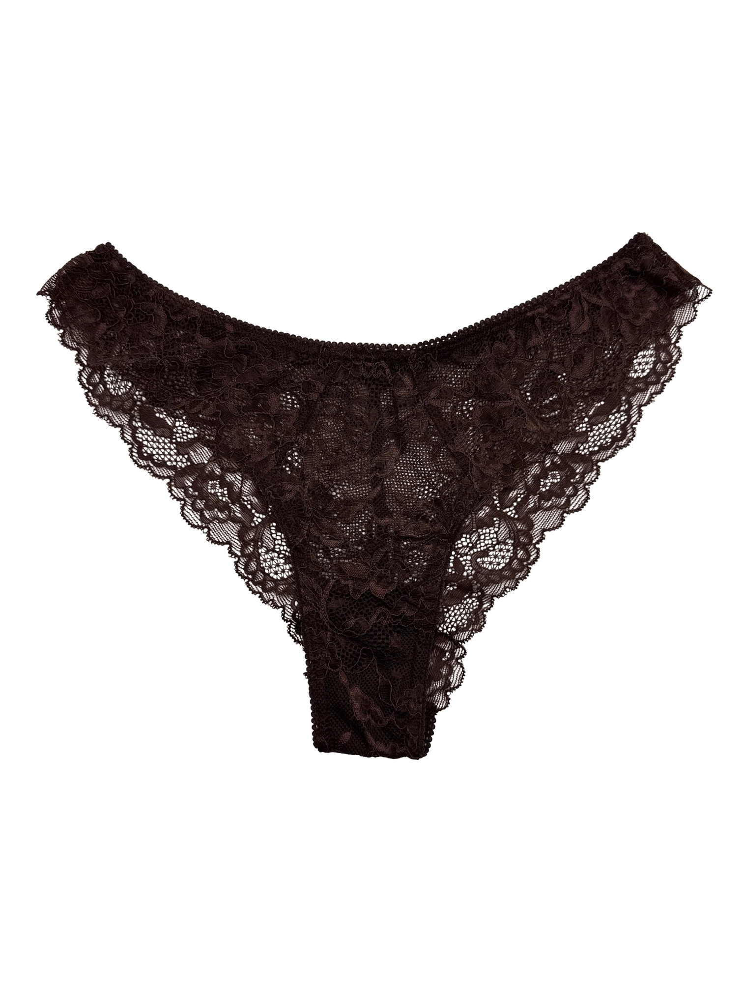 LIA STUDIO LINGERIE Mid-Rise Lace Brazilian Panties – Dark Brown. Delicate floral lace, cheeky coverage, soft elastic edges.